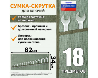 Сумка-скрутка для рожковых (накидных, гаечных, комбинированных) ключей 6-23 мм (18 предметов). Материал: брезент.
